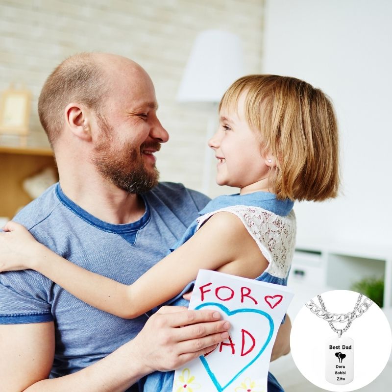 ECGIFT NE028 Personalized Military Badge Necklace Double Chain Necklace With Engraved Kid Names Birthday Date Father's Day Gift For Men