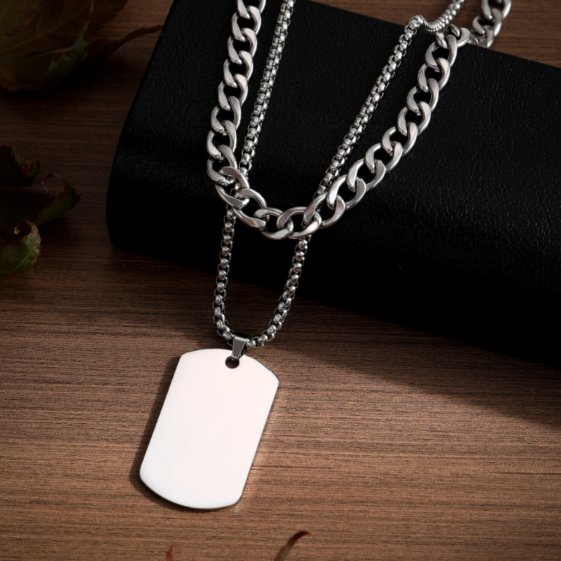 ECGIFT NE028 Personalized Military Badge Necklace Double Chain Necklace With Engraved Kid Names Birthday Date Father's Day Gift For Men