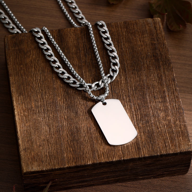 ECGIFT NE028 Personalized Military Badge Necklace Double Chain Necklace With Engraved Kid Names Birthday Date Father's Day Gift For Men