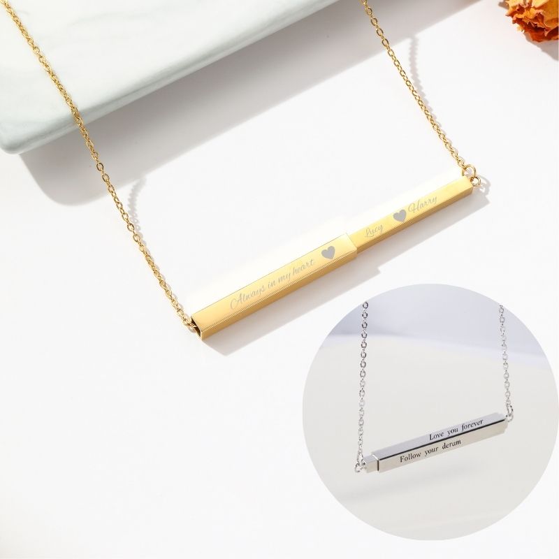 ECGIFT NE027 Personalized Locket Pendant Pull-Out Necklace With Engraved Text on 8 sides Birthday Anniversary Gift For Friend Lover