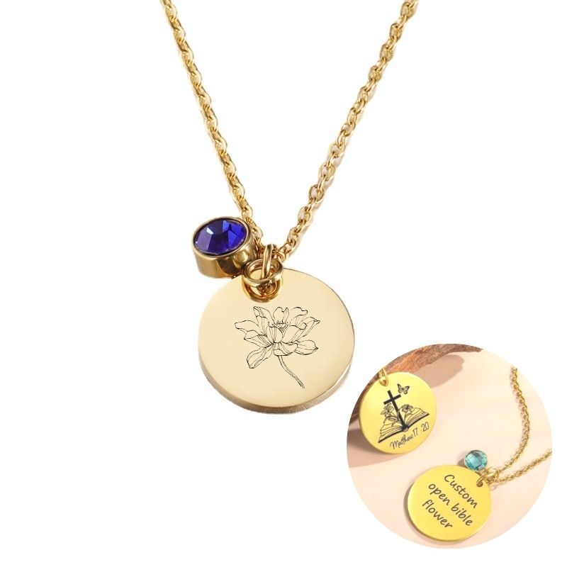 ECGIFT NE009 Personalized Engraved Birth Flower Bouquet Necklace with Birthstone Mother's Day Birthday Gift For Women