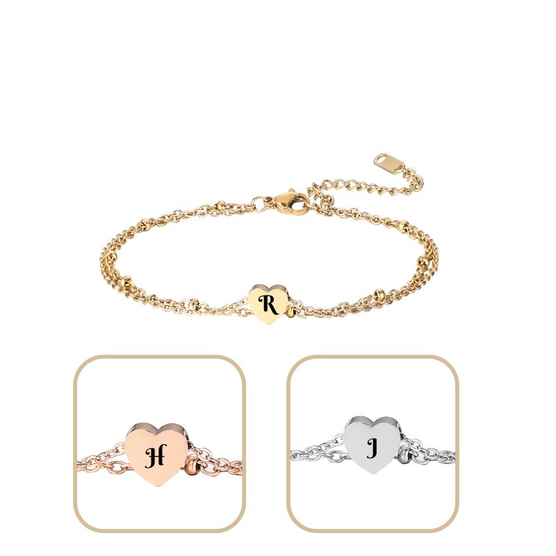 ECGIFT BR016 Personalized Engraved Letter Initial Heart Charm Adjustable Bracelet Birthday Anniversary Gift For Girl And Women