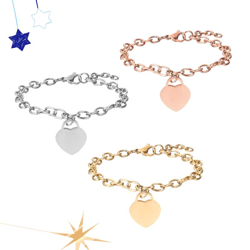 ECGIFT BR022 Personalized Heart Charm Brace；et Custom Family Names Bangle Birthday’s Gift For Friends