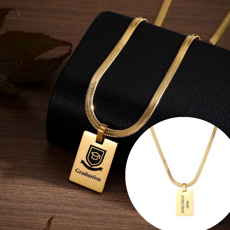 ECGIFT NE006 Personalized Engraved College High School Logo Rectangle Pendant Necklace Anniversary Graduation Back to School Gift For Graduate Student Best Friends