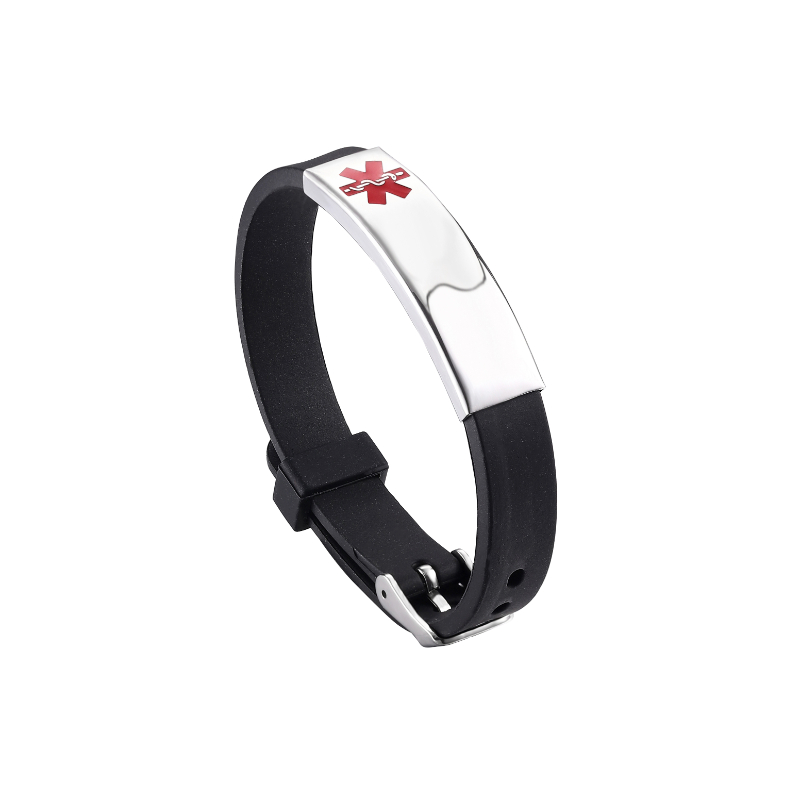 ECGIFT BR024 Personalized Emergency Medical Alert Adjustable Silicone Waterproof Band Bracelet with Stainless Steel ID Name Tag for Men Women First Aid Gift
