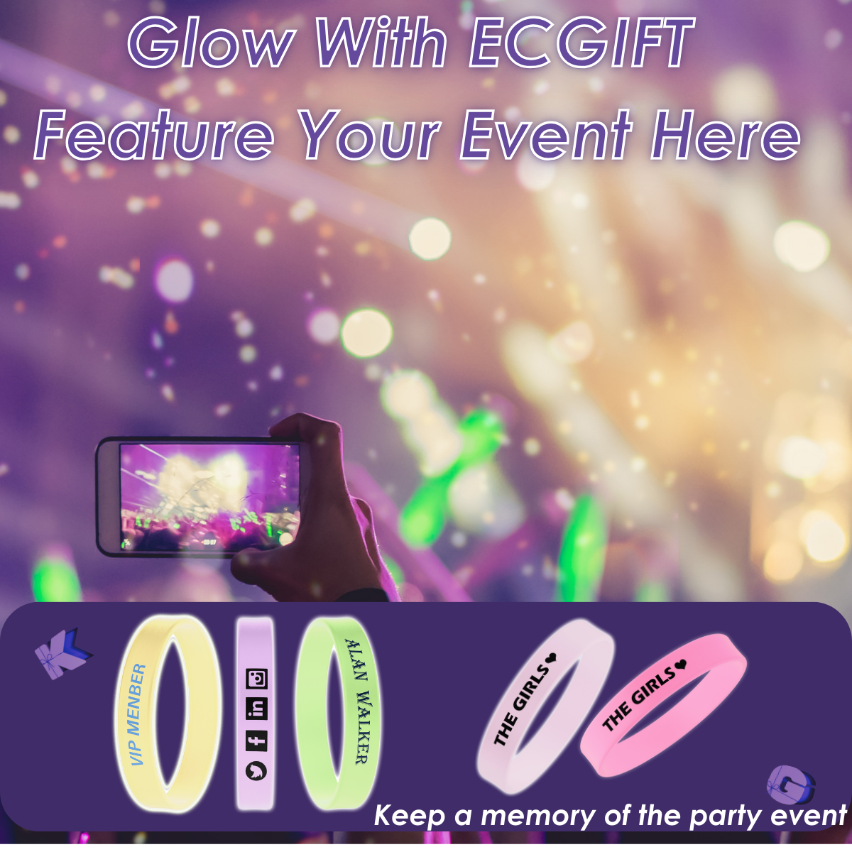 ECGIFT SW007 Glow-in-Dark Custom Wristbands | 10pcs Min Order | Night Runs, Concerts & Party Favors | Event Safety ID Bracelets