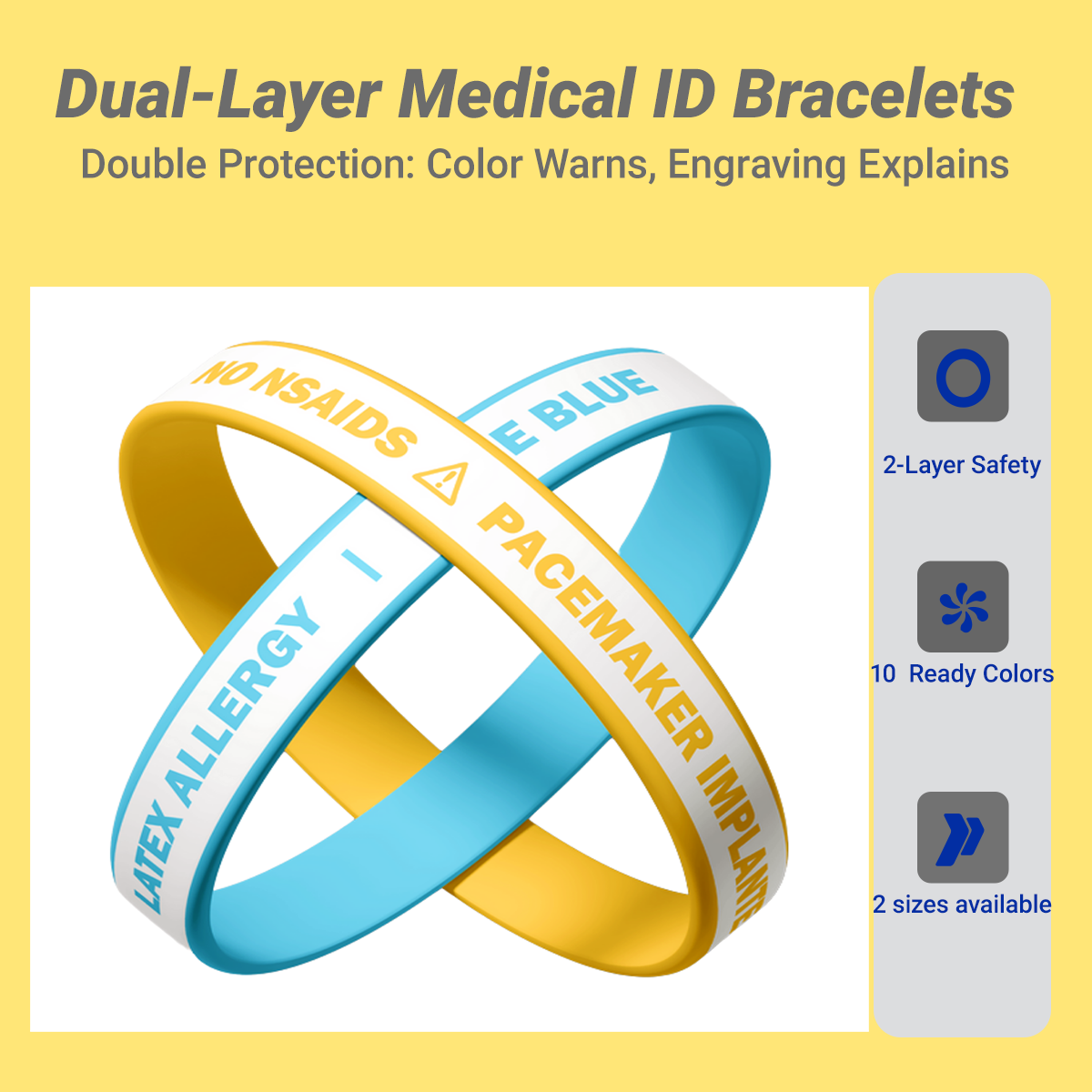 ECGIFT SW005 Dual-Layer Medical ID Bracelets | 2-Color Custom Allergy Alert & Emergency Contacts | 5pcs Min Order, Mix Colors/Sizes