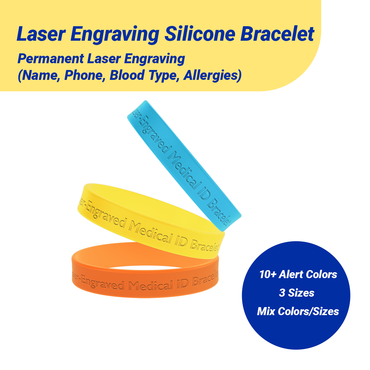 ECGIFT SW004 Laser-Engraved Bracelets | Customized Wristband | 10 Colors & 3 Sizes | 5pcs Minimum Order | Emergency Info & Allergy Alert | Prevention of lost