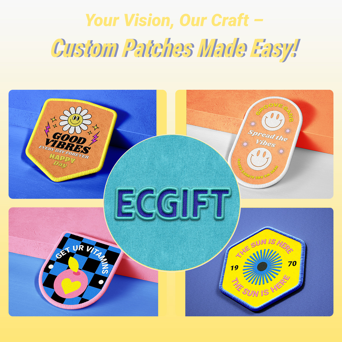 ECGIFT PA001 Custom Embroidered Patches - Personalized Iron-On/Sew-On Logo Patches for Uniforms, Jackets, Bags | Bulk Order Discounts & Free Design Help