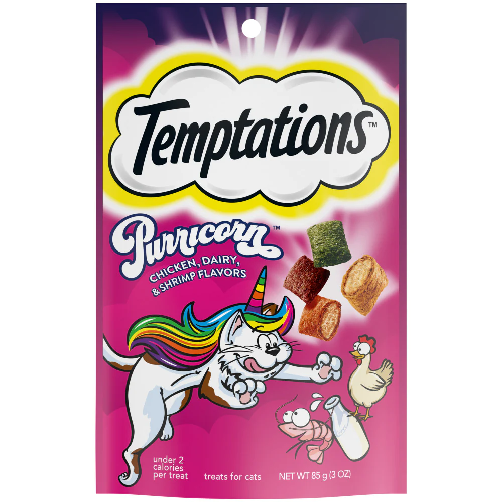 TEMPTATIONS Crunchy and Soft Cat Treats. Purricorn Flavor. 3 oz. Pouch Best Store