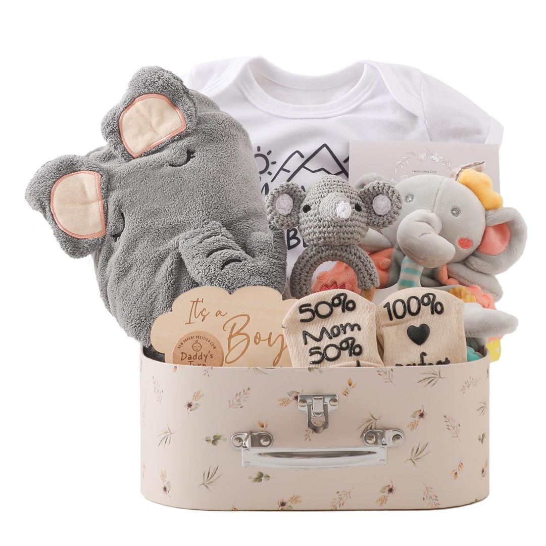 Fvntuey Baby Shower Gifts, Baby Boy Gifts Basket Includes Newborn Blanket  Baby Lovey Security Blanket Wooden Rattle Toy, Funny Baby Bibs Socks 