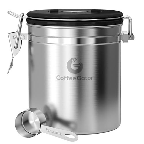 Coffee Gator Stainless Steel Coffee Storage Canister with Date-Tracker,  CO2-Release Valve and Measuring Scoop, Large, Black