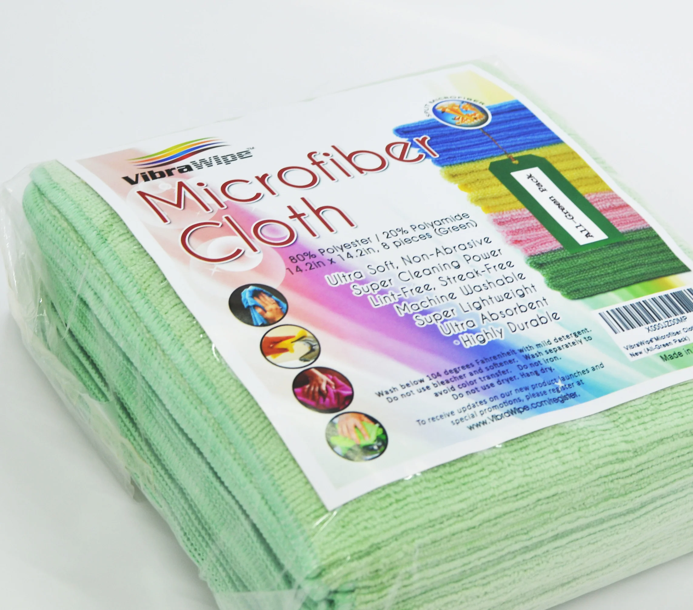 VibraWipe Microfiber Cloth, AllGreen, 8Piece