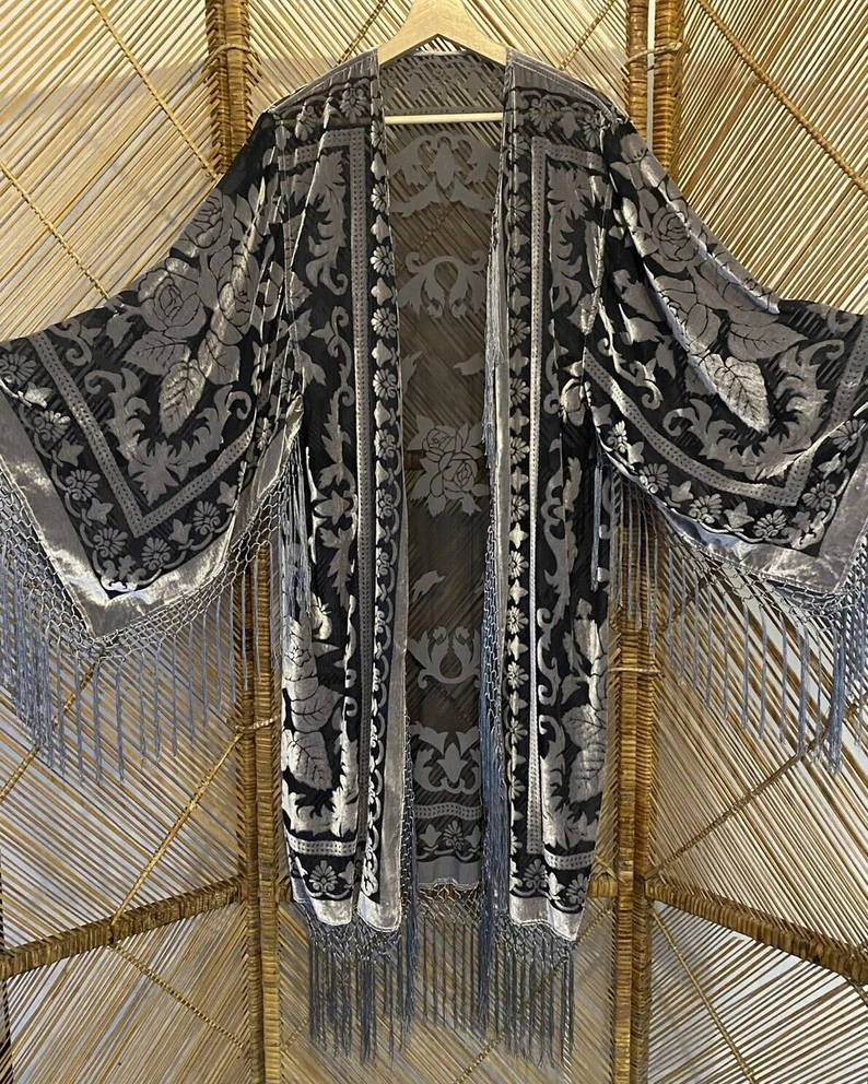Mid-Length Kimono Fringed Velvet Cardigan Jacket