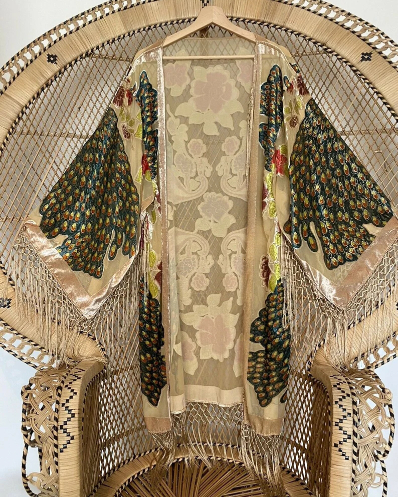 Mid-Length Kimono Fringed Velvet Cardigan Jacket