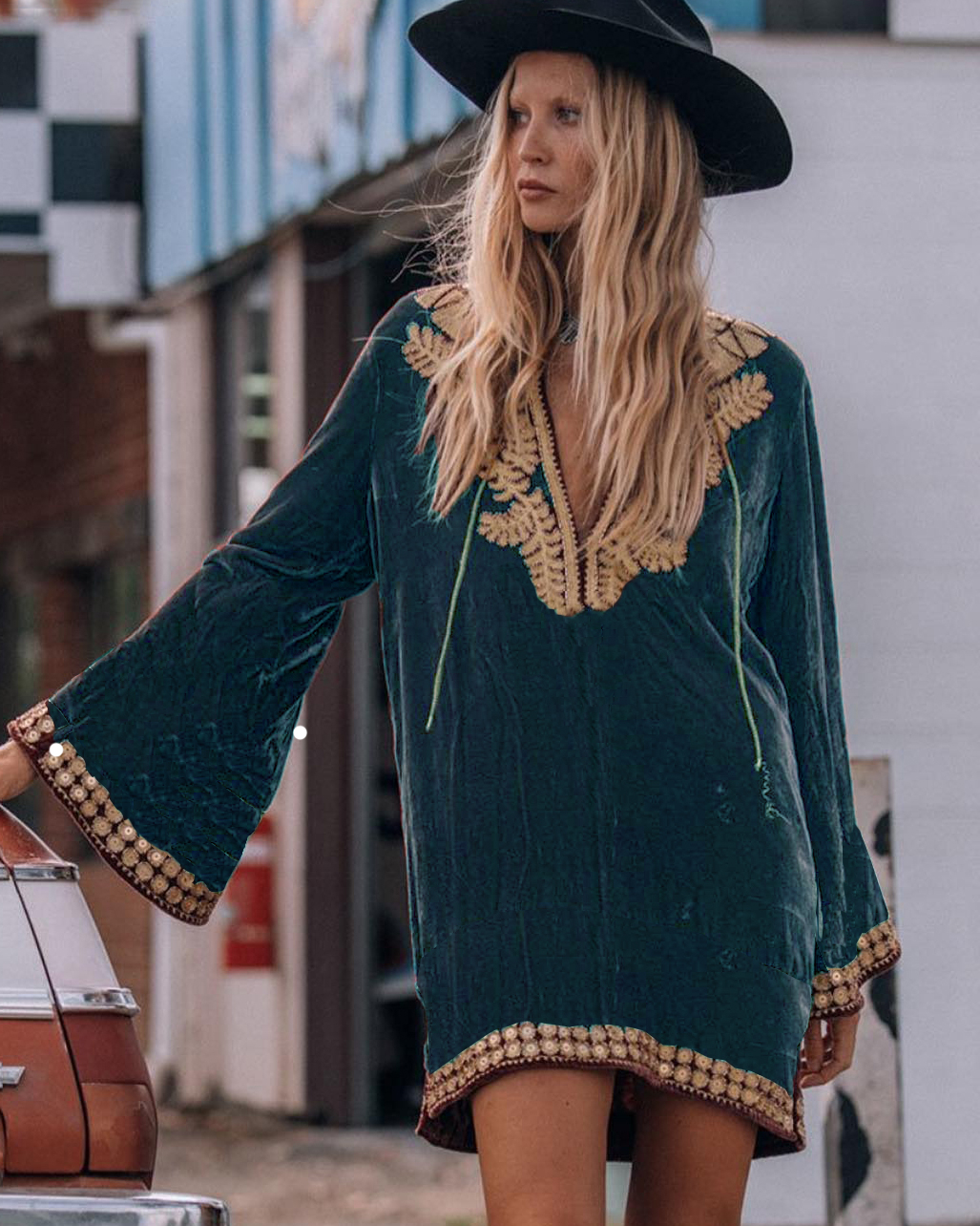 V-neck velvet hippie dress