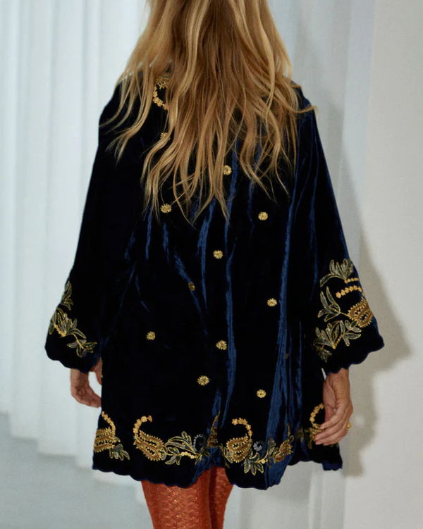 Mid-Length Velvet Embroidered Cardigan Jacket