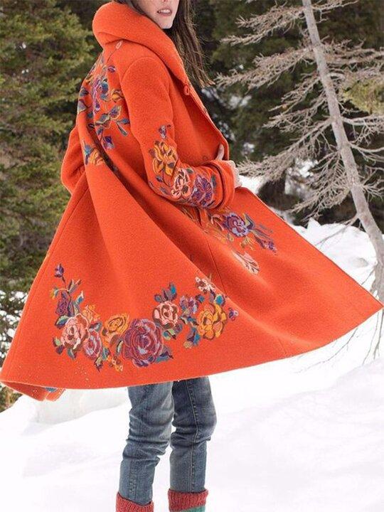 Orange Vintage Floral Cotton-Blend plus size Outerwear