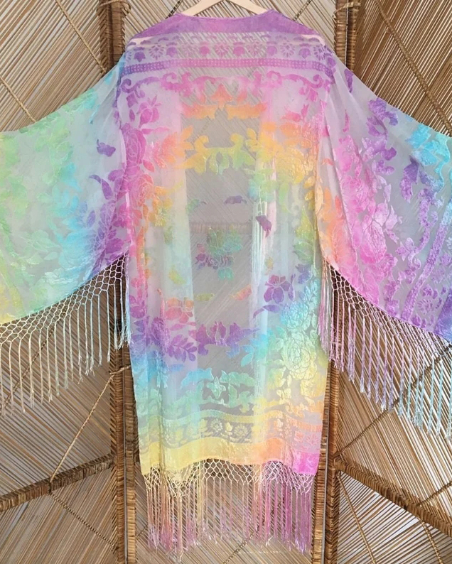 Mid-Length Kimono Fringed Velvet Cardigan Jacket
