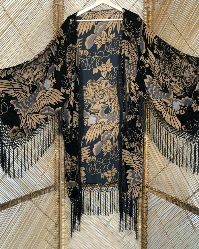 Mid-Length Kimono Fringed Velvet Cardigan Jacket