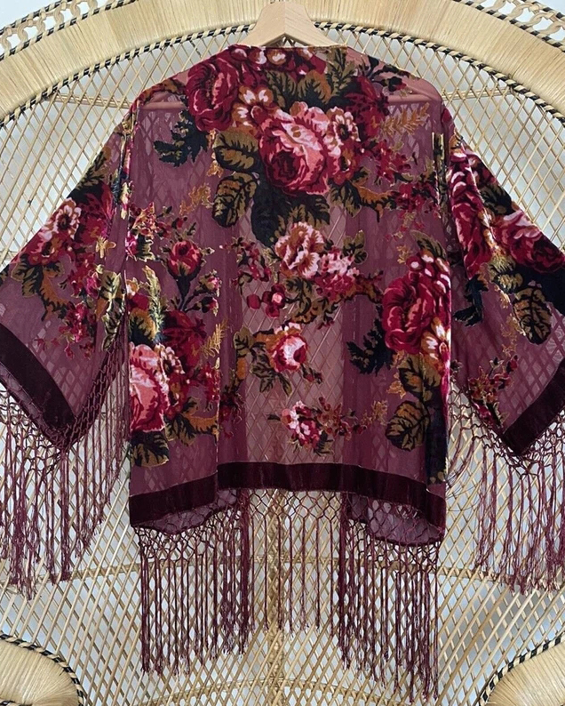 Kimono Fringed Velvet Cardigan Jacket