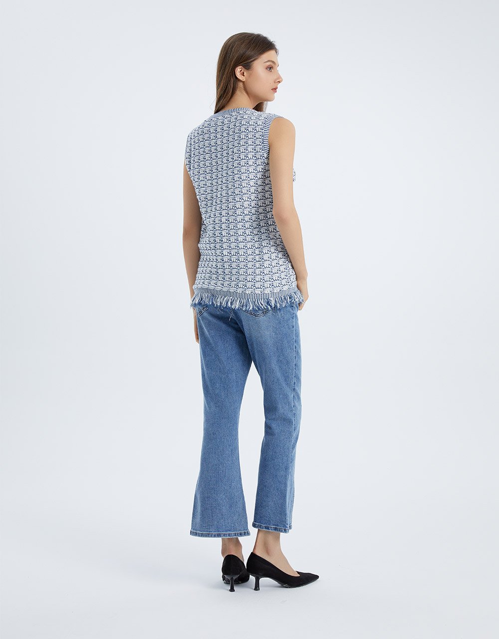 Raw Hem Faux Pocket Button Up Knitted Vest