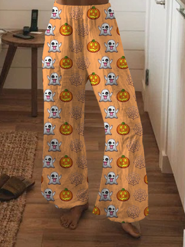 Halloween pumpkin print wide-leg pants
