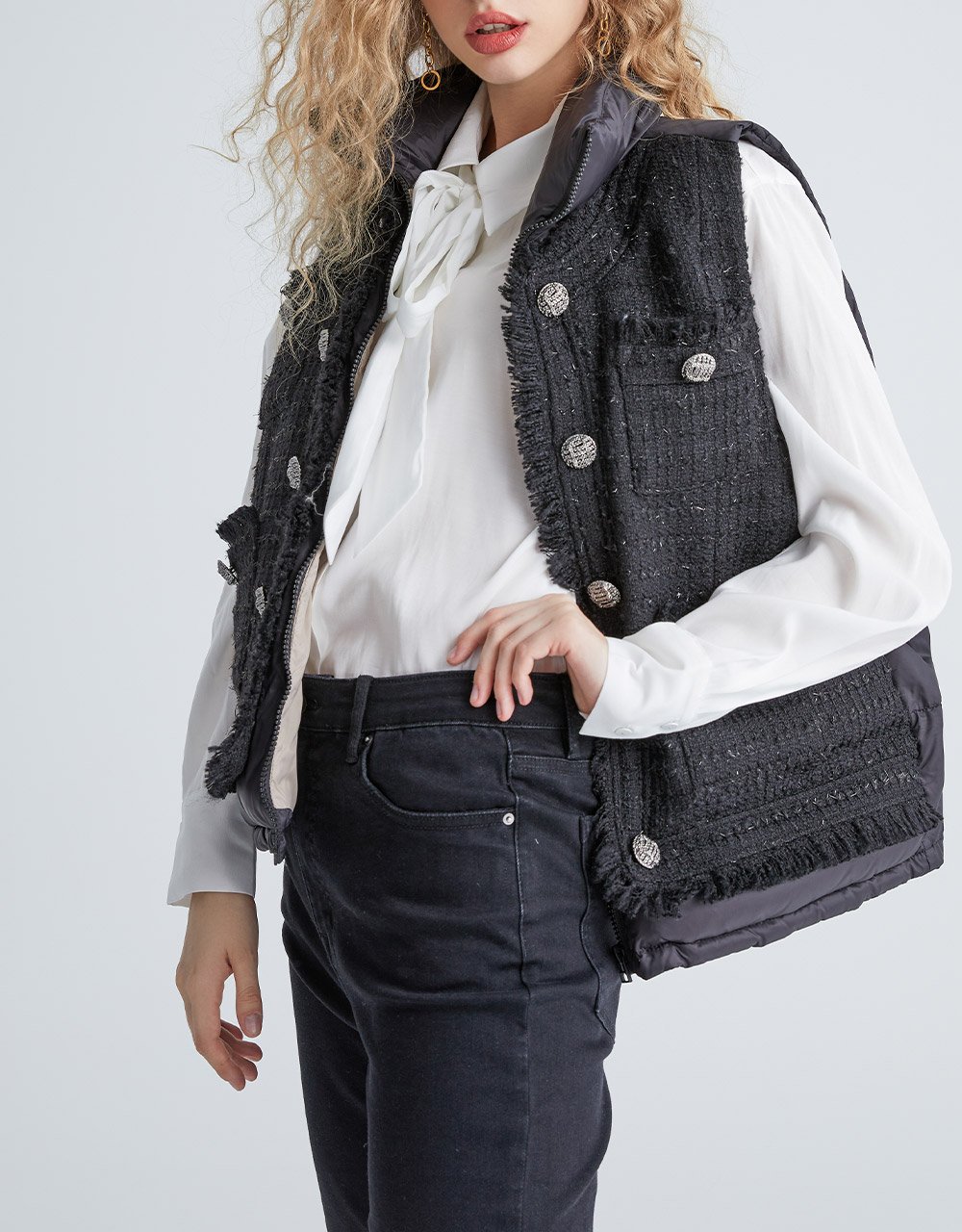 Faux Button Tweed Panel Zip Up Down Vest Coat