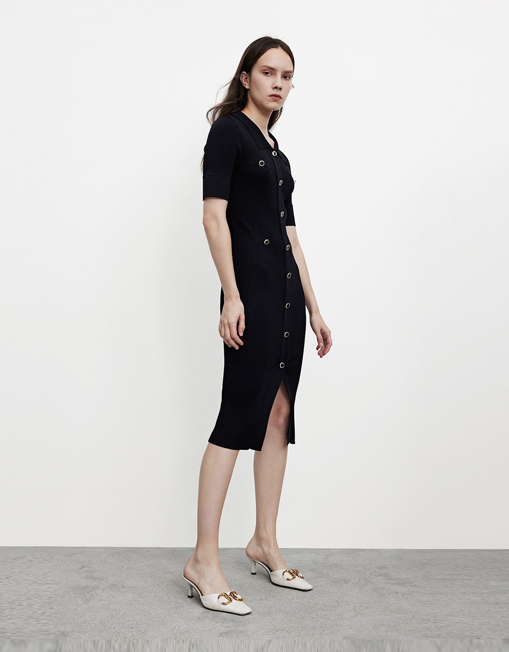 Off-Shoulder Sleeve Shirt Collar Knitted Dress