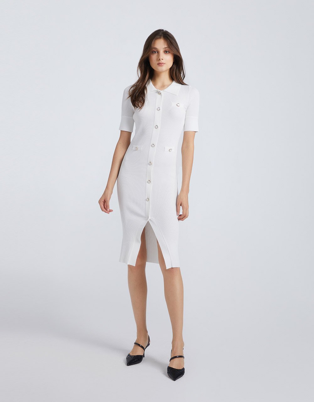 Off-Shoulder Sleeve Shirt Collar Knitted Dress