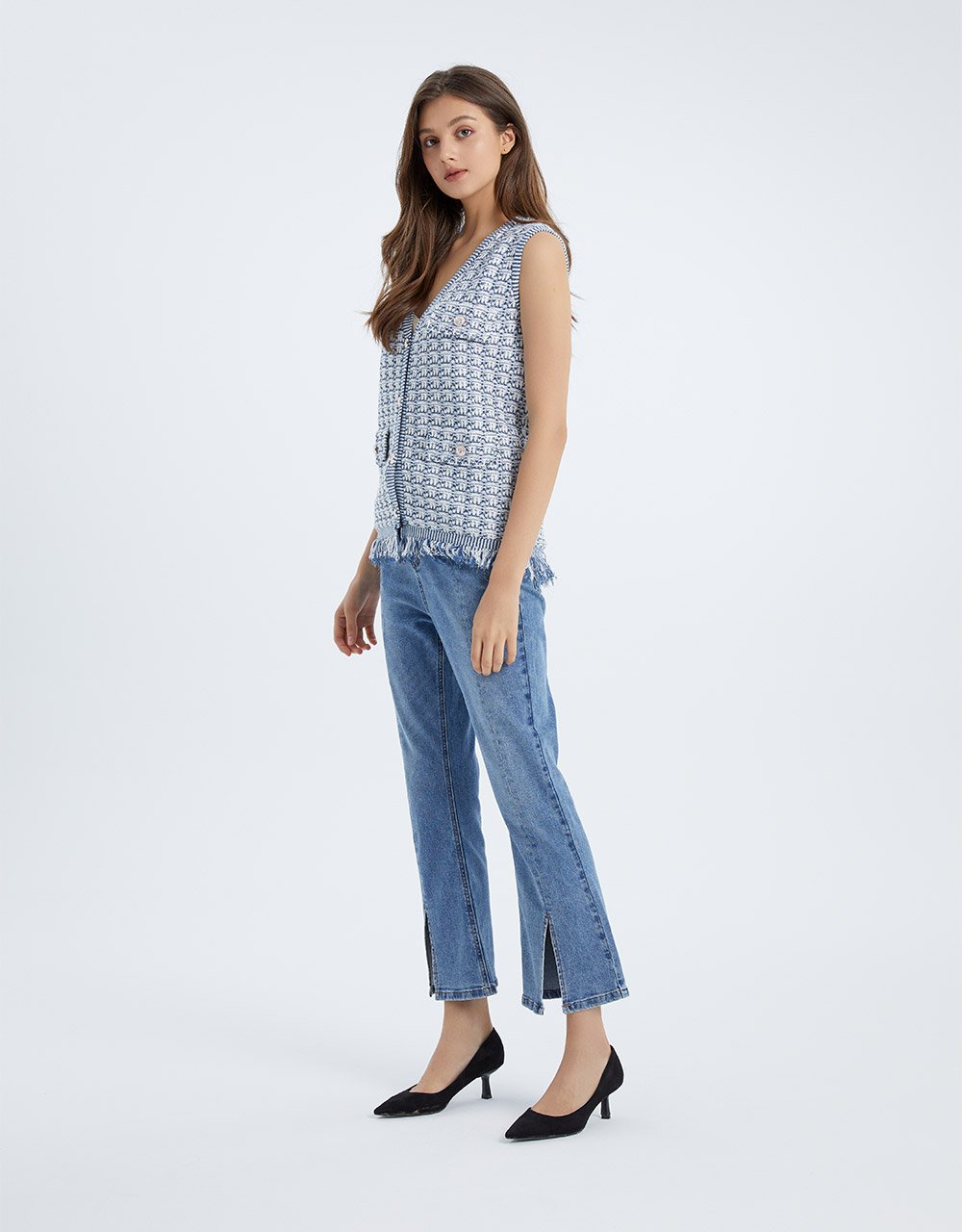 Raw Hem Faux Pocket Button Up Knitted Vest