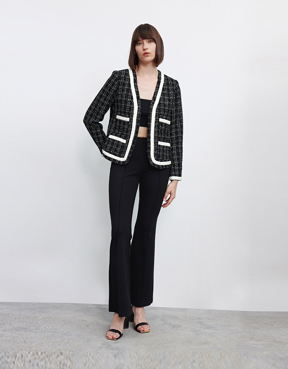 Contrast Trim Tweed Plaid Jacket