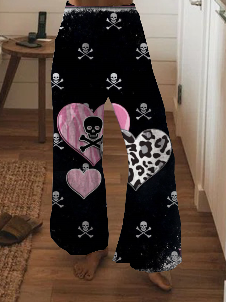 Love Leopard Print Skull Wide Leg Pants