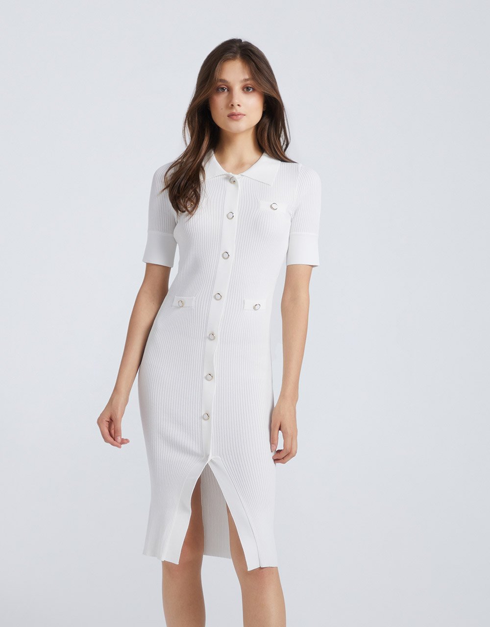 Off-Shoulder Sleeve Shirt Collar Knitted Dress