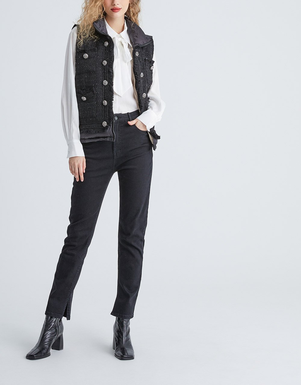 Faux Button Tweed Panel Zip Up Down Vest Coat