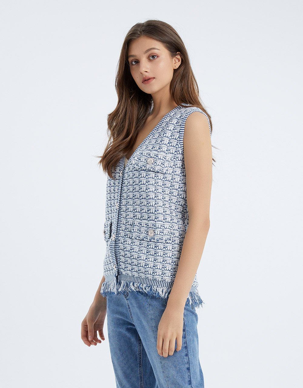 Raw Hem Faux Pocket Button Up Knitted Vest