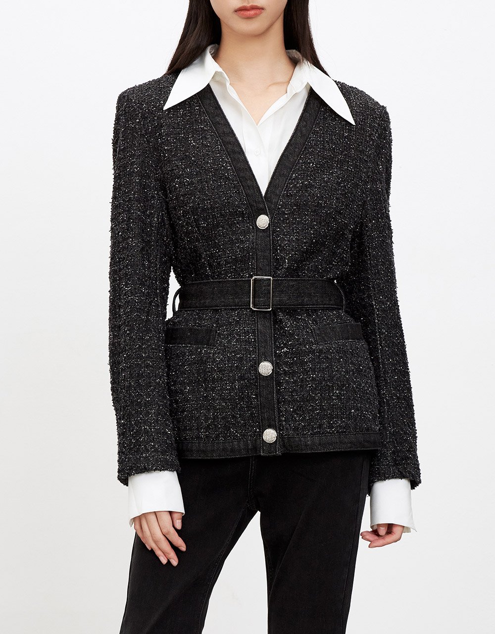 Shoulder Pad Buckle Belted Jacket