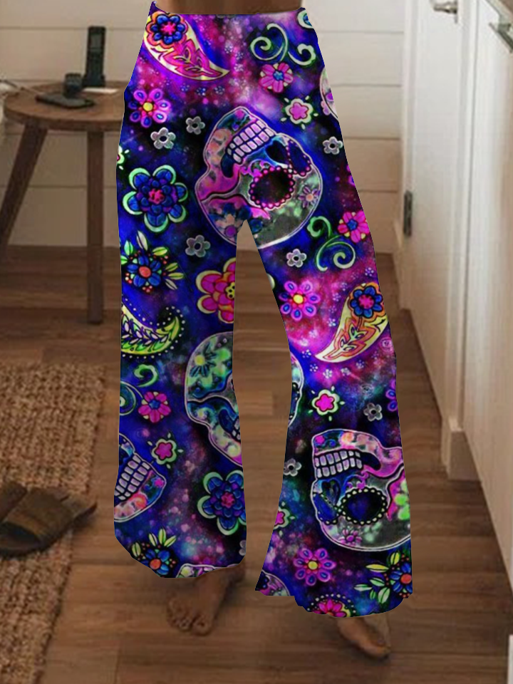 Punk flower skull print wide-leg pants