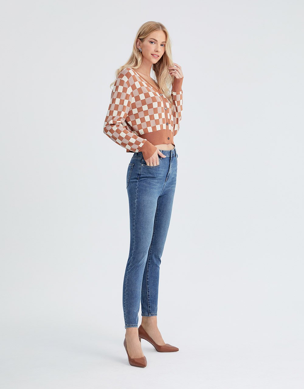 Checkered Pattern Button Up Cardigan