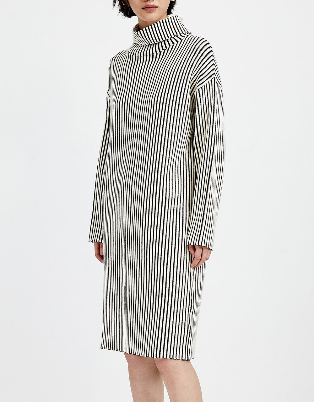 Turtle Neck Vertical Striped Pattern Knitted Dresses