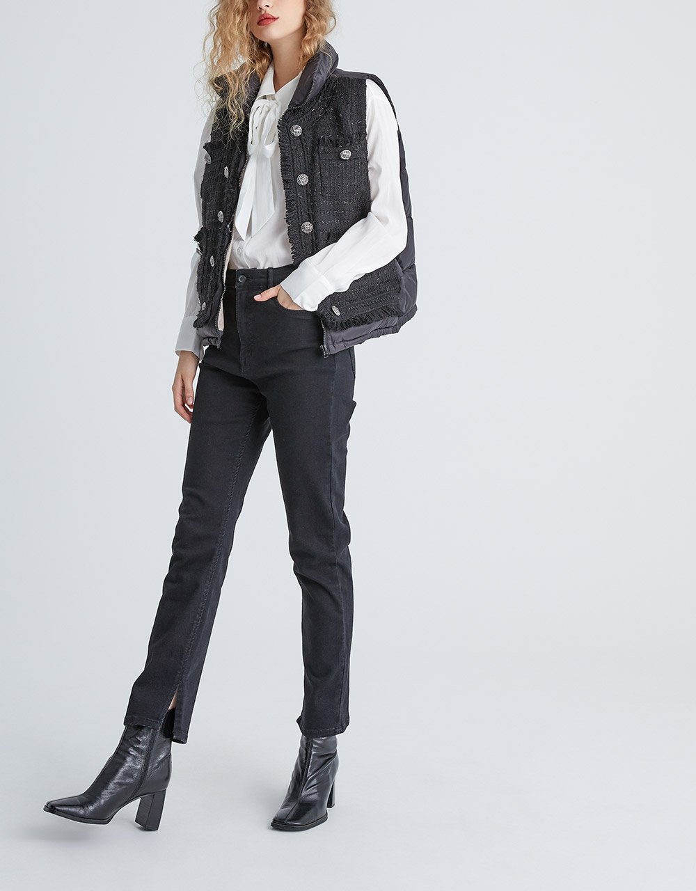 Faux Button Tweed Panel Zip Up Down Vest Coat