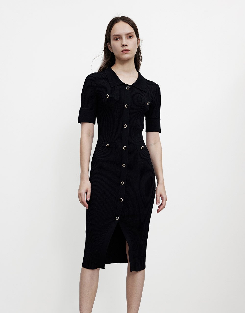 Off-Shoulder Sleeve Shirt Collar Knitted Dress