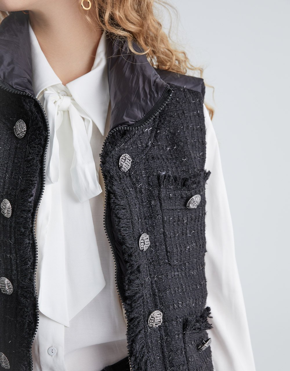 Faux Button Tweed Panel Zip Up Down Vest Coat