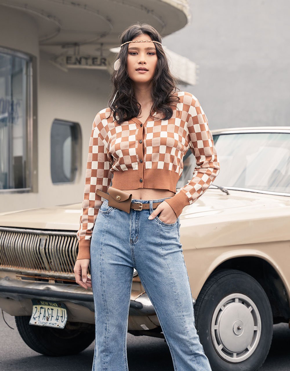 Checkered Pattern Button Up Cardigan