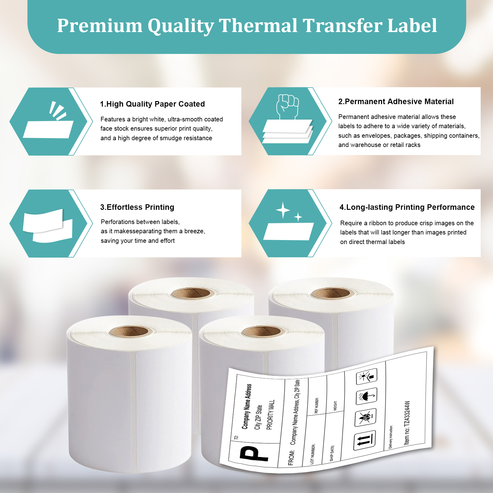 4 Rolls, 4 x 6 Inches, 1 Inch Core, 250 Labels/Roll, Thermal Transfer Lables