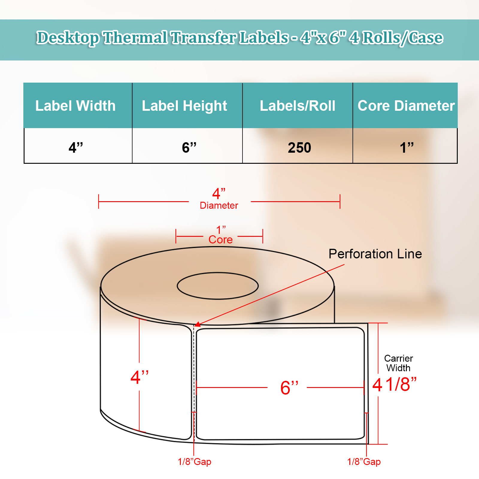4 Rolls, 4 x 6 Inches, 1 Inch Core, 250 Labels/Roll, Thermal Transfer Lables
