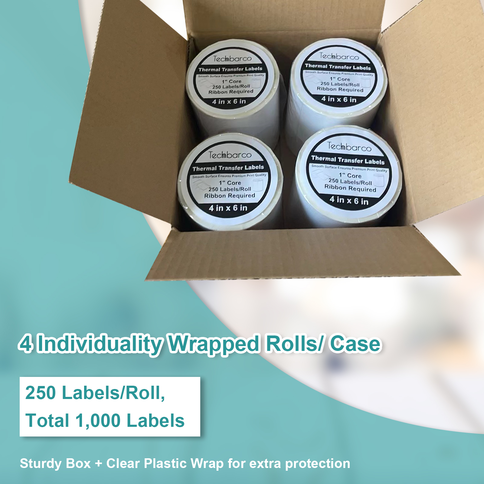 4 Rolls, 4 x 6 Inches, 1 Inch Core, 250 Labels/Roll, Thermal Transfer Lables