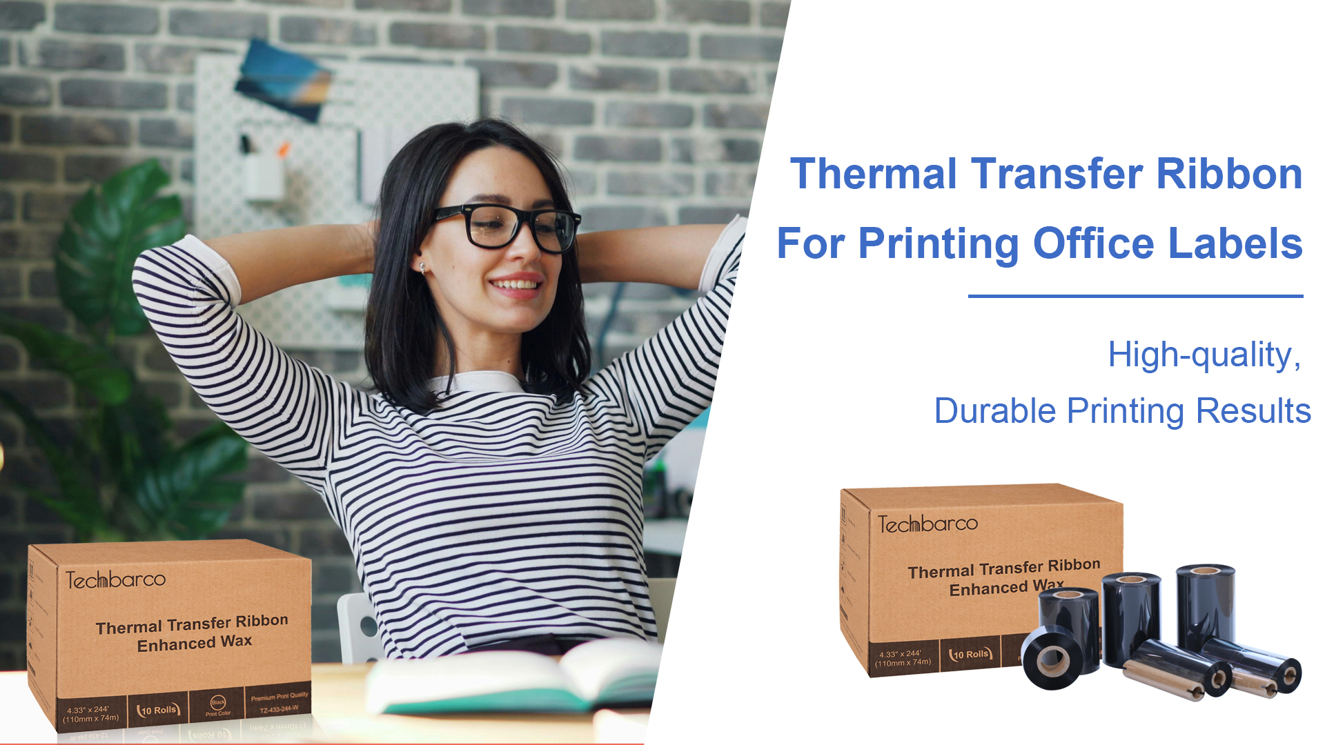 A woman smiles with her hands behind her head as she sits at a desk with Techbarco thermal transfer ribbon