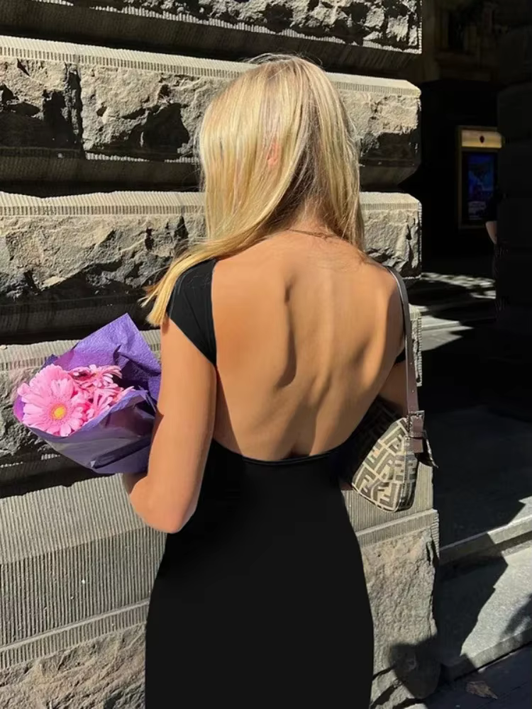 BOOFEENAA Short Sleeve Backless Long Dresses Sexy Outfits for Women Clothes Basics Casual Bodycon Grey Black Dress C71-BH23