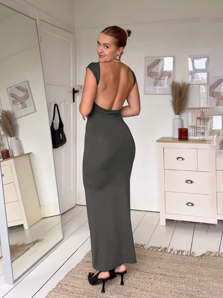 BOOFEENAA Short Sleeve Backless Long Dresses Sexy Outfits for Women Clothes Basics Casual Bodycon Grey Black Dress C71-BH23